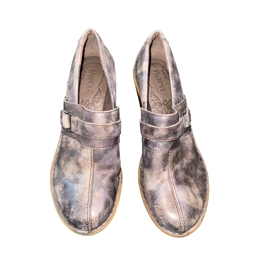 Born Womens Distressed Leather Platform Clogs Wood‎ Block Heel Grey Brown 38 7.5